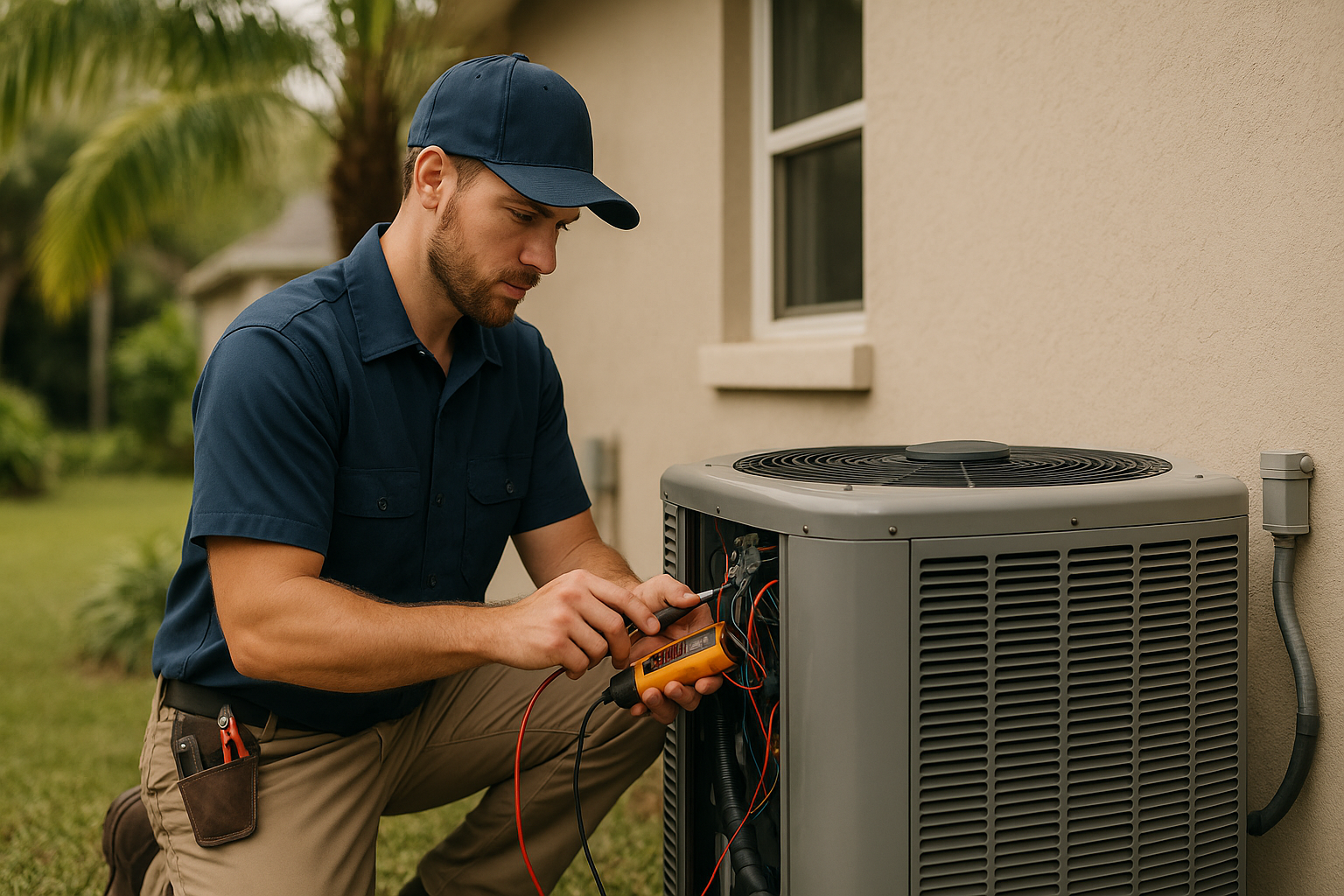 Editorial illustration depicting hvac hurricane preparation cost sarasota